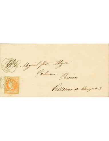 Castilla y León. Historia Postal. Sobre 52. 1861. 4 cuartos amarillo. OSORNO a CUENCA. Matasello OSORNO / PALENCIA, en azul. M