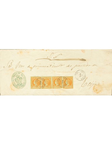 Andalucía. Historia Postal. Sobre 52(4). 1860. 4 cuartos naranja, tira de cuatro. Plica Judicial de LORA DEL RIO a ECIJA. Mata