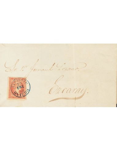 Asturias. Historia Postal. Sobre 48. 1859. 4 cuartos rojo. INFIESTO a EZCARAY. Matasello INFIESTO / OVIEDO (Tipo I), en azul.