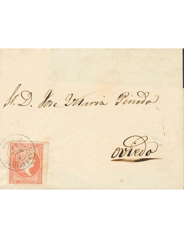 Asturias. Historia Postal. Sobre 48. 1859. 4 cuartos rojo. CASTROPOL a OVIEDO. Matasello CASTROPOL / OVIEDO. MAGNIFICA Y EXTRA