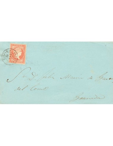 Andalucía. Historia Postal. Sobre 48. 1859. 4 cuartos rojo. Frontal de UJIJAR a GRANADA. Matasello UJIJAR / GRANADA. MAGNIFICO