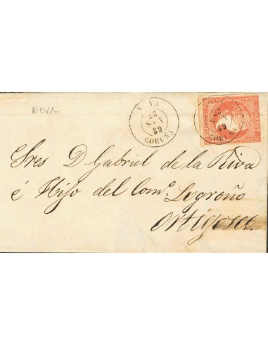 Galicia. Historia Postal. Sobre 48. 1859. 4 cuartos rojo. NOYA a ORTIGOSA. Matasello NOYA / CORUÑA. MAGNIFICA.