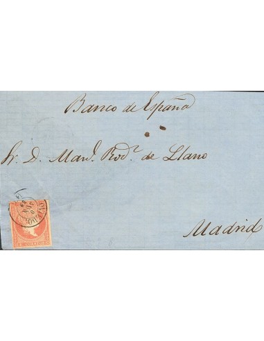 Asturias. Historia Postal. Sobre 48. 1859. 4 cuartos rojo. OVIEDO a MADRID. Matasello OVIEDO / (18). MAGNIFICA.