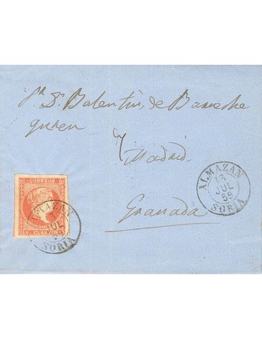 Castilla y León. Historia Postal. Sobre 48. 1859. 4 cuartos rojo. ALMAZAN a GRANADA. Matasello ALMAZAN / SORIA (Tipo I). MAGNI