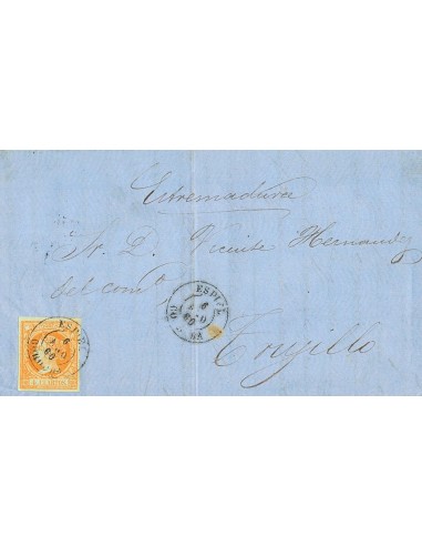 Andalucía. Historia Postal. Sobre 52. 1860. 4 cuartos naranja. ESPIEL a TRUJILLO. Matasello ESPIEL / CORDOBA. MAGNIFICA Y RARA