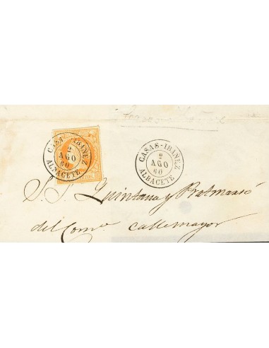 Castilla-La Mancha. Historia Postal. Fragmento 52. 1860. 4 cuartos naranja, sobre gran fragmento. Matasello CASAS-IBAÑEZ / ALB