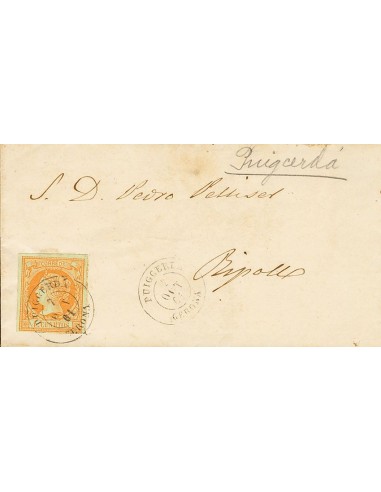 Cataluña. Historia Postal. Sobre 52. 1861. 4 cuartos naranja. PUIGCERDA a RIPOLL. Matasello PUIGCERDA / GERONA. MAGNIFCA.
