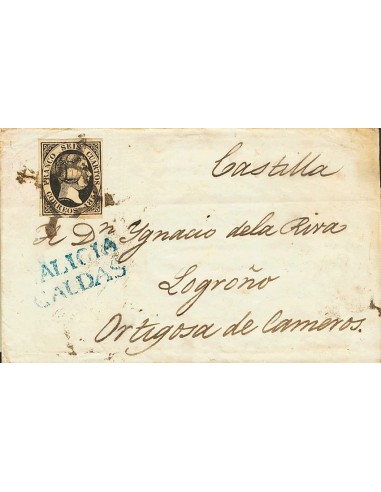 Galicia. Historia Postal. º6. 1851. 6 cuartos negro. CALDAS a ORTIGOSA. En el frente marca prefilatélica GALICIA / CALDAS, en