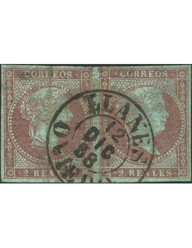 Asturias. Filatelia. º42(2). 1855. 2 reales violeta, pareja (un sello doblez vertical). Matasello LLANES / OVIEDO (Tipo I). MA