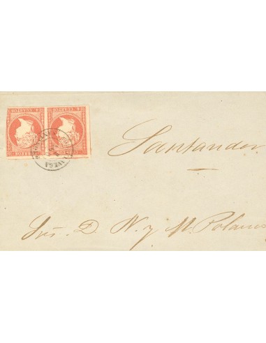 Cantabria. Historia Postal. Sobre 48(2). 1856. 4 cuartos rojo, pareja. Matasello TORRELAVEGA / SANTANDER. MAGNIFICA.