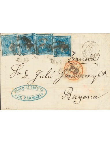Alfonso XII. Sobre 164(4). 1875. 10 cts azul, cuatro sellos. ZARAGOZA a BAYONA (FRANCIA). MAGNIFICA E INUSUAL FRANQUEO, PARA C