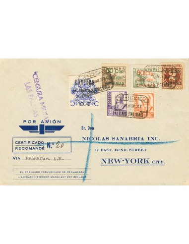 Canarias. Sobre 34/36. 1937. Serie completa. Certificado de LAS PALMAS a NUEVA YORK (USA). Al dorso llegada. MAGNIFICA.