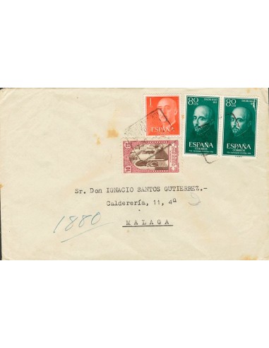 Tánger. Sobre . 1955. 10 cts rojo BENEFICENCIA y sellos de España 1 pts rojo y 80 cts verde, dos sellos (uno con defecto). Cer