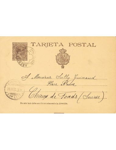 Cataluña. Historia Postal. Sobre EP27. 1893. 10 cts castaño sobre Tarjeta Entero Postal de ARENYS DE MAR a CHAUX DE FONDS (SUI