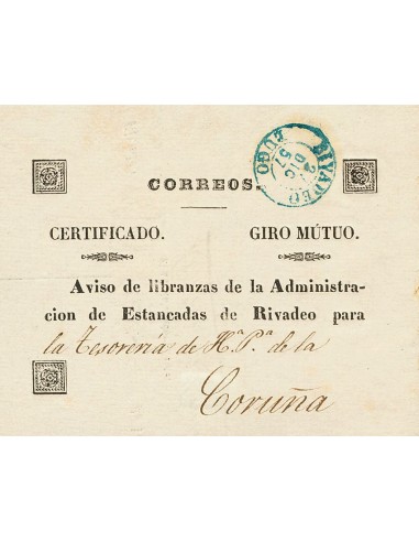 Galicia. Prefilatelia. Sobre . 1857. Frontal de Certificado de GIRO MUTUO de RIVADEO a LA CORUÑA. MAGNIFICO Y MUY RARO.