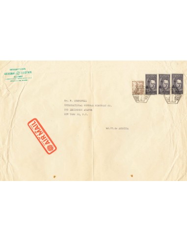 2º Centenario Correo Aéreo. Sobre 1125(3). 1955. 50 pts violeta, tres sellos. MADRID a USA. MAGNIFICA, RARISIMO Y ESPECTACULAR