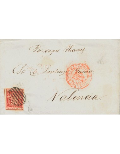 Correo Marítimo. Sobre 24. 1854. 6 cuartos rojo. BARCELONA a VALENCIA. En el frente manuscrito "Por Vapor Tharsis". MAGNIFICA