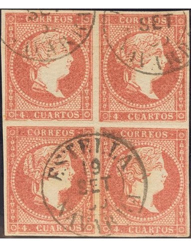 Navarra. Filatelia. º48(4). 1855. 4 cuartos rojo, bloque de cuatro (doblez entre los sellos sin importancia). Matasello ESTELL