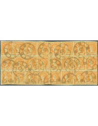 Aragón. Filatelia. º52(24). 1860. 4 cuartos naranja, bloque de venticuatro sellos. Matasello R.CARRETA Nº15, de Zaragoza. MAGN