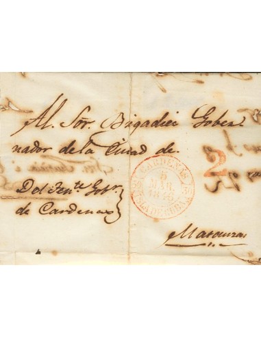 Cuba. Sobre . 1846. CARDENAS a MATANZAS. Baeza CARDENAS / ISLA DE CUBA, en rojo. MAGNIFICA Y RARA.