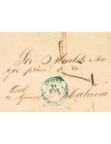 Cuba. Sobre . 1857. GÜINES a LA HABANA. Baeza GÜINES / ISLA DE CUBA, en azul. MAGNIFICA.