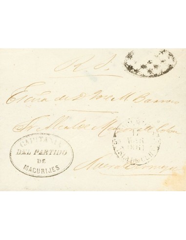 Cuba. Sobre . 1861. MACURIJES a NUEVA BERMEJA. Marca PARRILLA COLONIAL, indicando que la carta circulaba libre de porte. MAGNI