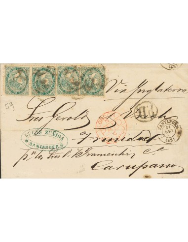 Isabel II. Periodo Dentado. Sobre 100(4). 1869. 200 mils verde, cuatro sellos (un sello defecto en una esquina). SANTANDER a C
