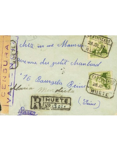 República Española Correo Certificado. Sobre 672(2). 1937. 60 cts verde oliva, dos sellos. Certificado de HUETE a PARIS (FRANC