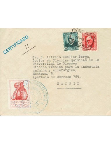 Guerra Civil. Viñeta. Sobre 657, 659. 1932. 15 cts verde y 30 cts carmín. Certificado Interior de MADRID. En el frente viñeta