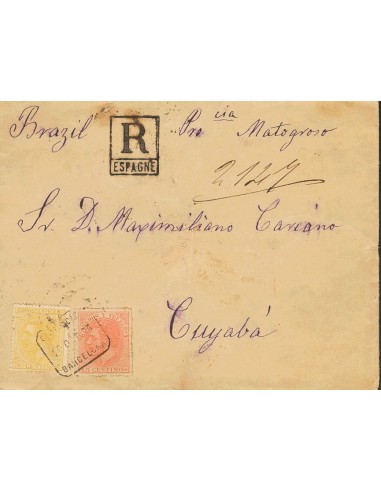 Alfonso XII. Sobre 206, 210. 1885. 50 cts naranja y 15 cts naranja. Certificado de BARCELONA a CUYABA (BRASIL). Circulada vía