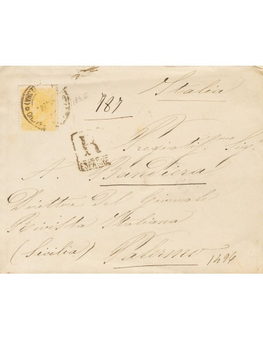 Alfonso XII. Sobre 206. 1884. 50 cts naranja. Certificado de BARCELONA a PALERMO (ITALIA). MAGNIFICA Y RARA.