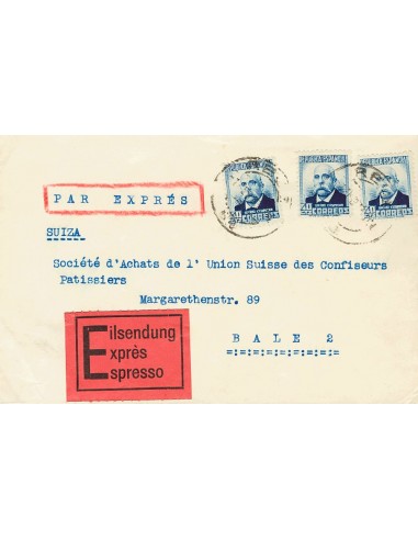 Correo Urgente. Sobre 670(3). 1933. 40 cts azul, tres sellos. Correo Urgente de REUS a BASILEA (SUIZA). Al dorso llegada. MAGN
