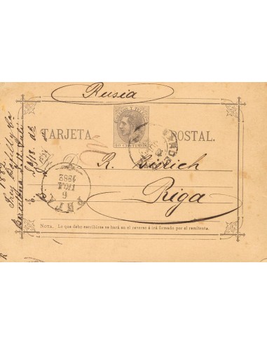 Entero Postal. Sobre EP11. 1882. 10 cts gris violeta sobre Tarjeta Entero Postal de BARCELONA a RIGA (RUSIA hasta 1918), en el