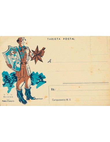Guerra Civil. Postal Nacional. (*). (1939ca). Tarjeta Postal Ilustrada por MUSTIELES. S.E.U. Barcelona Prensa y Propaganda. MA