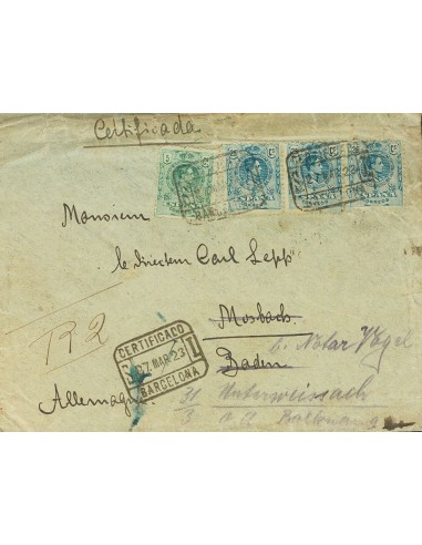 Alfonso XIII Correo Certificado. Sobre 268, 274(3). 1923. 5 cts verde y 25 cts azul, tres sellos. Certificado de BARCELONA a M