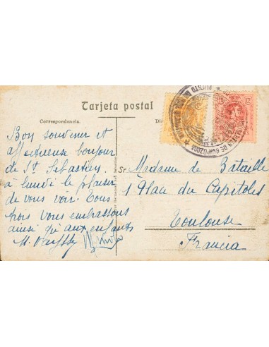 Alfonso XIII. Sobre 269, 271. 1922. 10 cts rojo y 15 cts amarillo. Tarjeta Postal de SAN SEBASTIAN a TOULOUSSE (FRANCIA). Mata