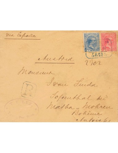 Puerto Rico. Sobre 124, 126. 1891. 5 ctvos azul y 8 ctvos rosa. Certificado de PONCE a SOFIENTHAL (AUSTRIA). Matasello CERTIFI