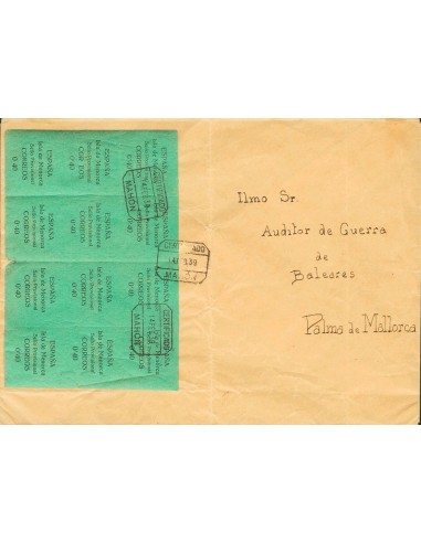 Guerra Civil. Locales. Sobre 1(12). 1939. 40 cts verde, bloque de doce (pliego completo). MAHON a PALMA DE MALLORCA. Al dorso