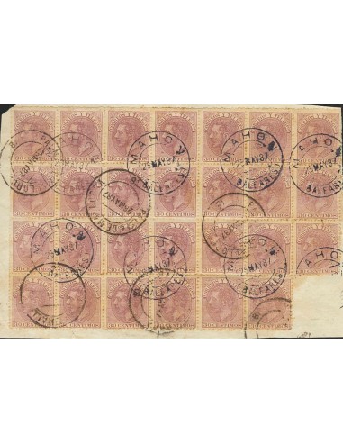Islas Baleares. Filatelia. Fragmento 211(27). 1887. 30 cts lila de veintisiete, sobre fragmento. Matasello MAHON / (BALEARES),