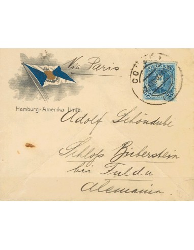 Correo Marítimo. Sobre 248. 1909. 25 cts azul. Sobre Ilustrado de la Línea Hamburgo-América de LA CORUÑA a FULDA (ALEMANIA). M
