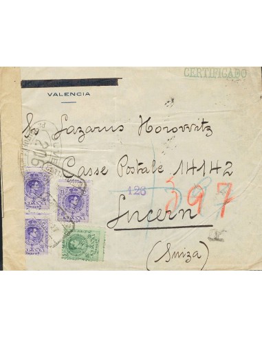 Alfonso XIII Correo Certificado. Sobre 268, 270(3). 1917. 5 cts verde y 15 cts violeta, tres sellos. Certificado de VALENCIA a