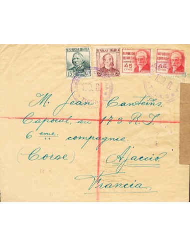 Guerra Civil. Bando Republicano. Sobre 683, 685, 737(2). 1938. 15 cts verde, 25 cts carmín y 45 cts carmín rosa, dos sellos. D