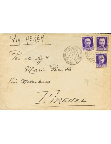 Guerra Civil. Voluntario Italiano. Sobre . 1938. 50 cts violeta, tres sellos italianos. Dirigida a FLORENCIA (ITALIA). Matasel