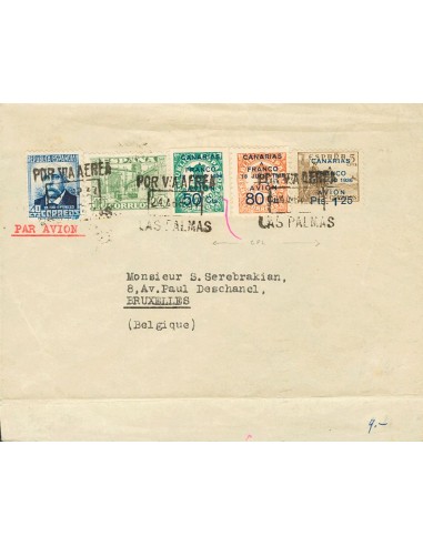 Canarias. Sobre 11/13, 670, 805. 1937. Serie completa, 40 cts azul y 10 cts verde. LAS PALMAS a BRUSELAS (BELGICA). Al dorso l