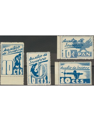 Guerra Civil. Viñeta. *. (1937ca). Conjunto completo de las cuatro viñetas del 10 cts azul AUXILIO DE INVIERNO. MAGNIFICAS.