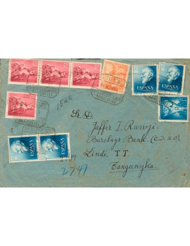 2º Centenario anterior a 1960. Sobre 1119(5), 1132, 1054. 1954. 2 pts azul, cinco sellos, 10 cts y 60 cts. Certificado de MADR