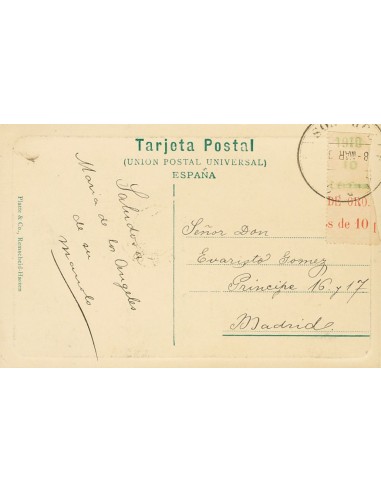 Río de Oro. Sobre 56MP. 1910. 10 cts verde sobre borde de hoja. Tarjeta Postal de RIO DE ORO a MADRID. Matasello RIO DE ORO /