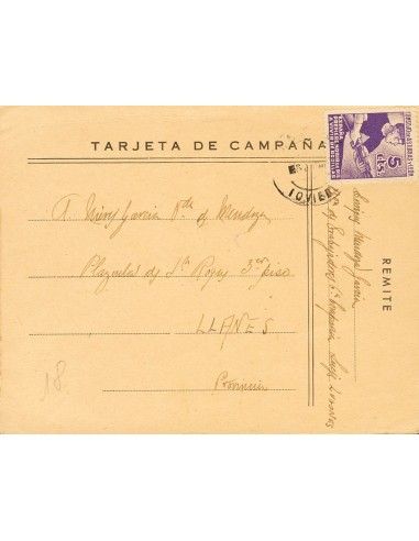 Asturias y León. Sobre 2. 1937. 5 cts violeta. Tarjeta Postal de Campaña de LUGONES a LLANES. MAGNIFICA Y RARA.