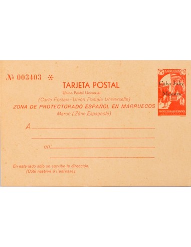 Cabo Juby. Entero Postal. (*)2M. 1933. 25 cts rojo sobre tarjeta entero postal. MUESTRA. MAGNIFICA Y RARA. (Láiz 2000: 370 eur