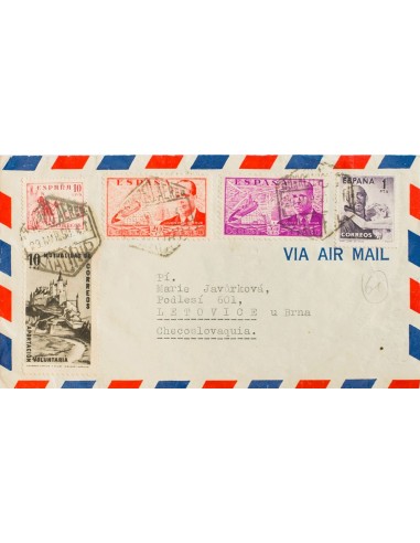 2º Centenario Correo Aéreo. Sobre 1070, 940, 942. 1950. Diversos valores. Carta Aérea de MADRID a LETOVICE (REPUBLICA CHECA).